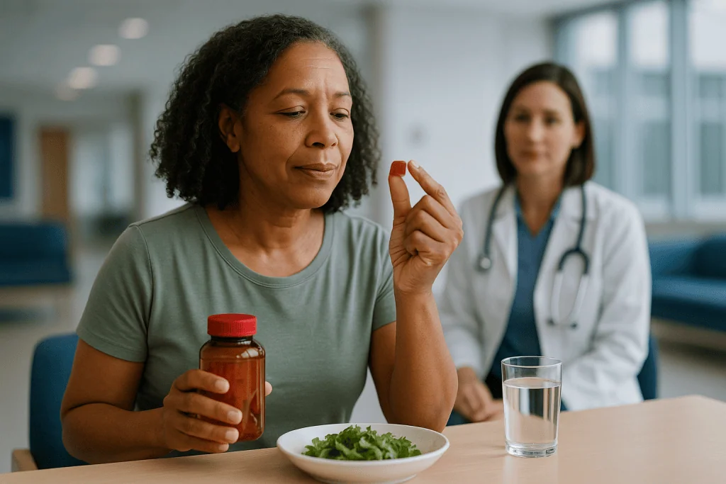 Woman with supplement bottle consulting with doctor: What changed recently