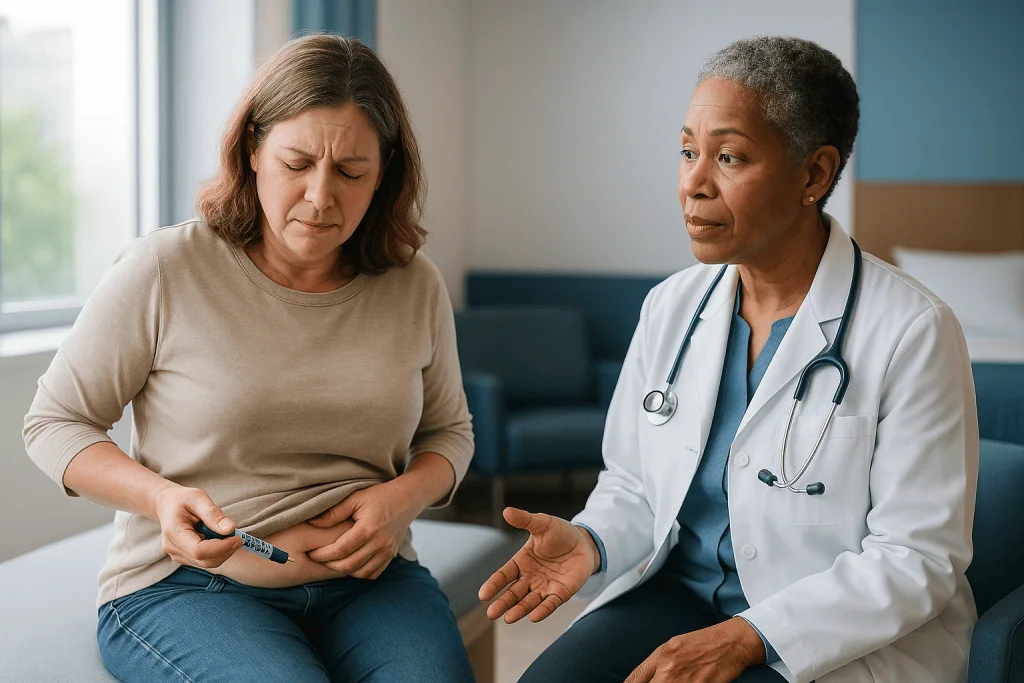 Doctor consulting patient about digestive symptoms in clinic: What changed recently and why these side effects are trending