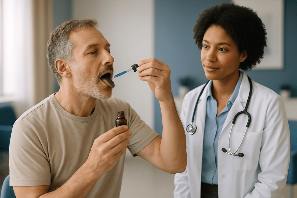Doctor administering liquid medicine to male patient: What changed recently: from a 2016 approval to 2025 viral drops