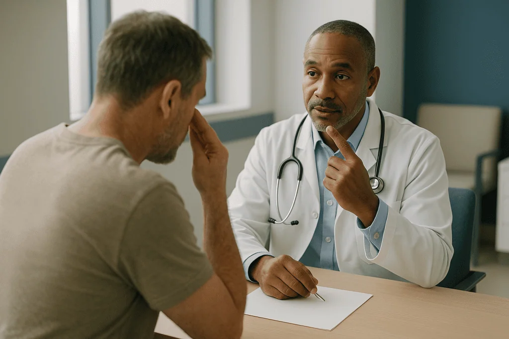 Doctor consulting patient about medical condition in office: What changed recently in sinus infection care