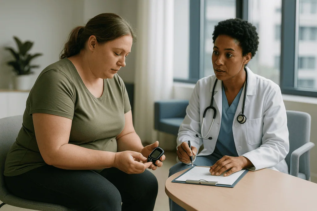Doctor consulting patient with glucometer about blood sugar: What changed recently in the evidence on stopping