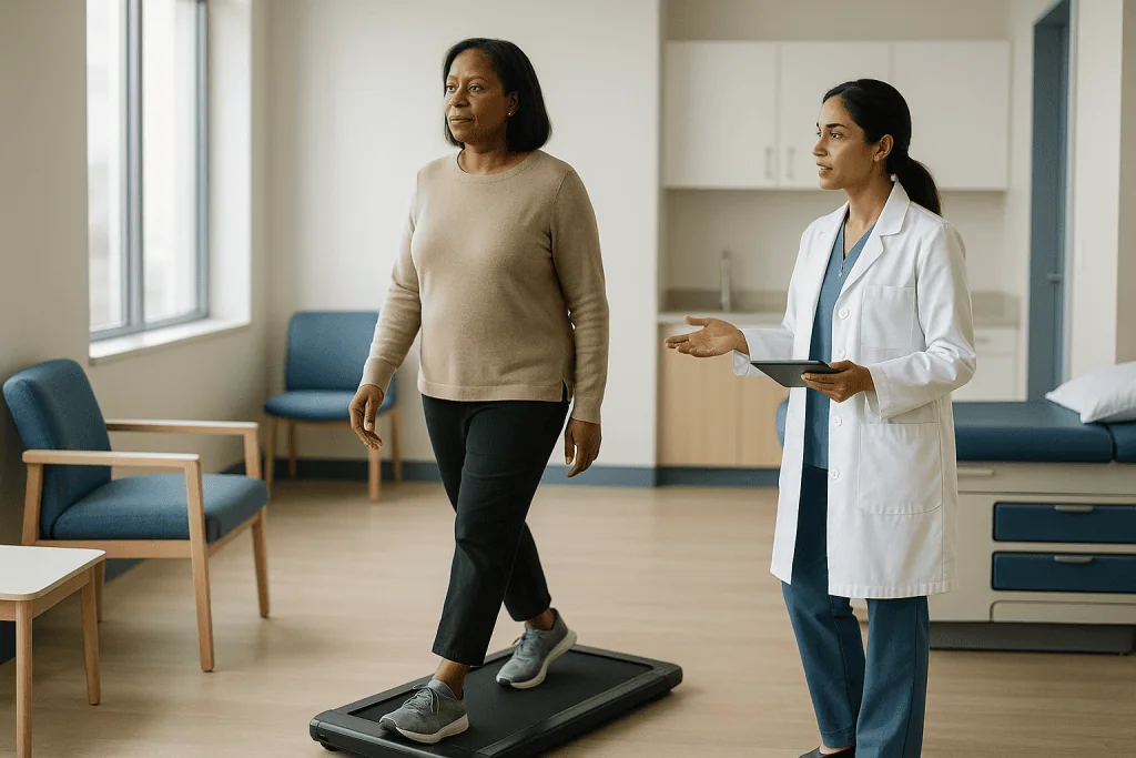 Patient walking on treadmill with healthcare provider observing: What changed recently in the science of slow walking