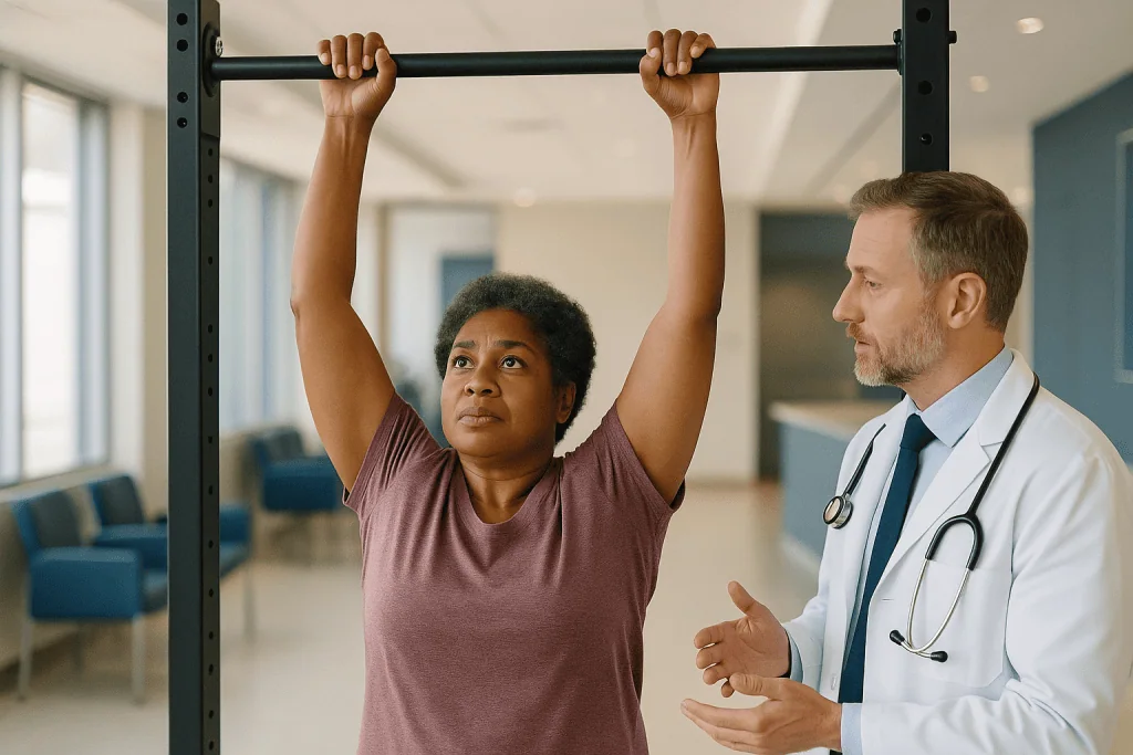 Patient performing pull-up on bar with physician observing: What changed recently: strength training moved into public healt