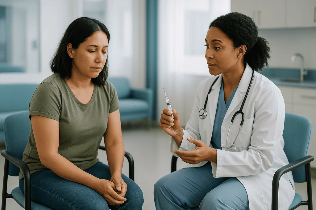 Doctor discussing vaccine with adult female patient: What changed recently: the dated facts