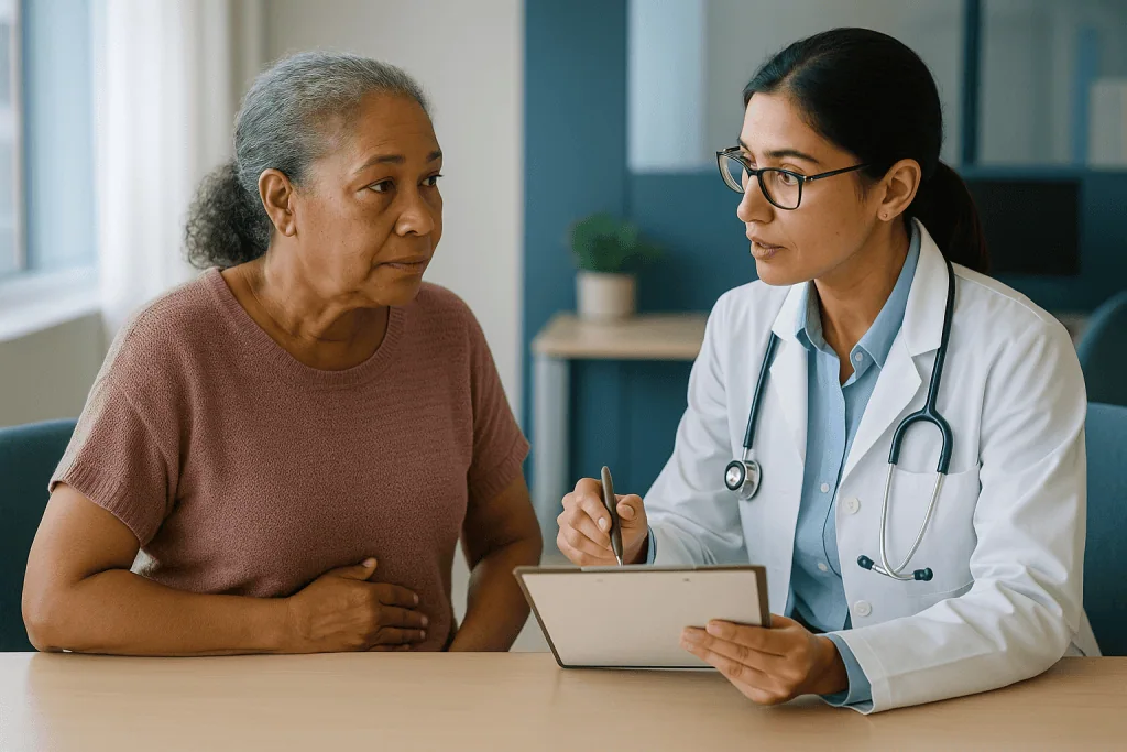 Doctor consulting senior patient about medical results: What changed recently: the equation, the guideline and the new medic