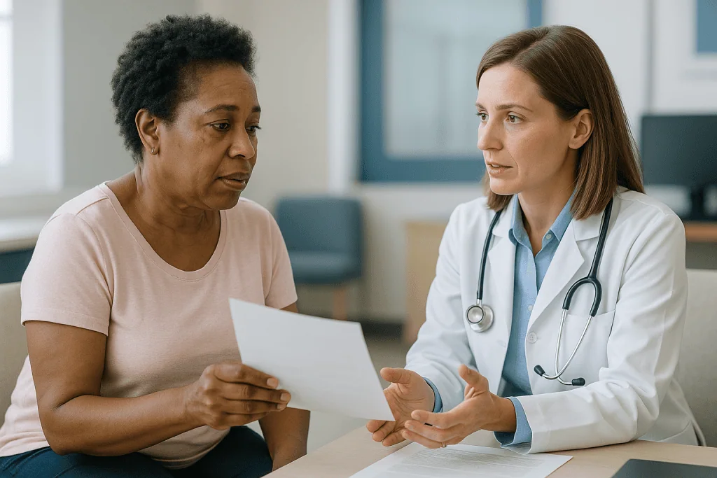 Doctor consulting with patient, reviewing medical documents — What changed recently: the national breast density notification