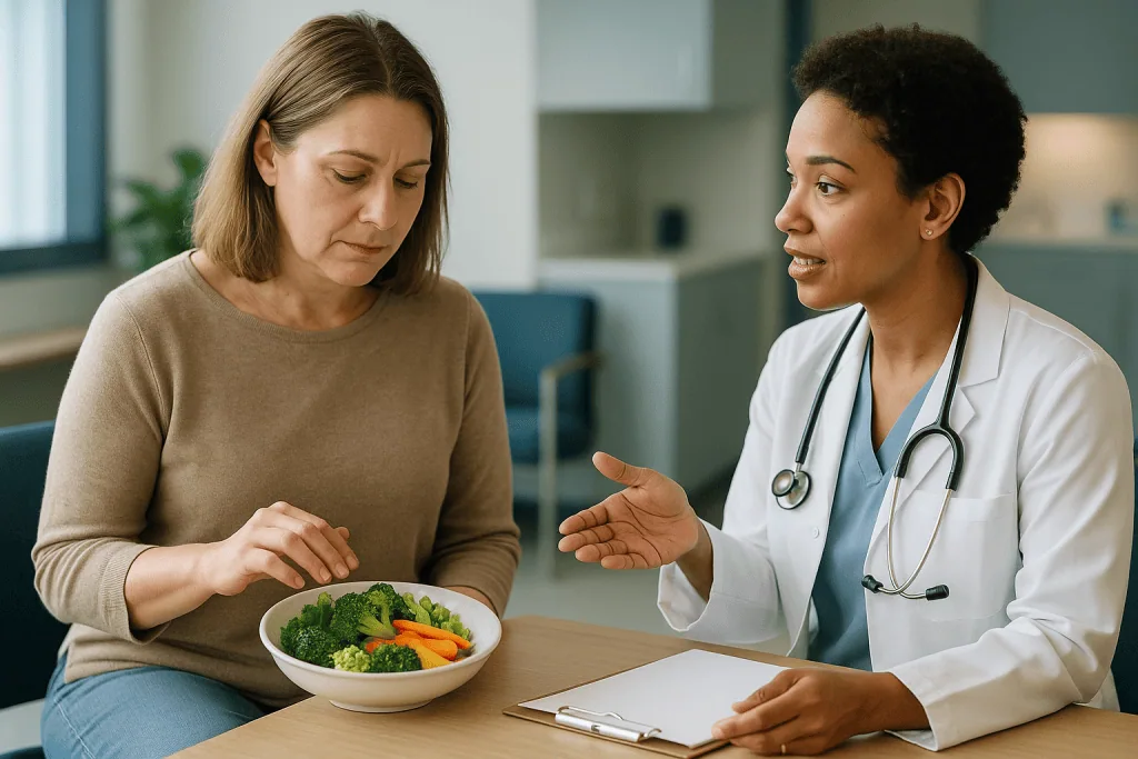 Doctor consulting patient about healthy vegetable bowl diet: What changed recently: the trials and guidelines behind the tre