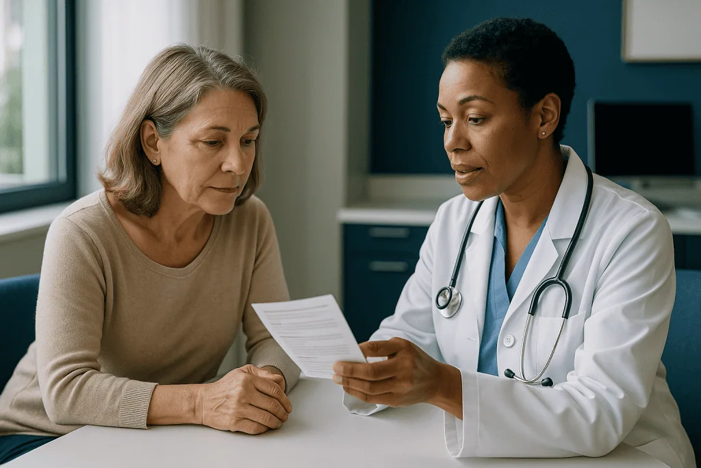 Doctor consulting with middle-aged female patient reviewing document: What changed recently: the updated labeling, in dates