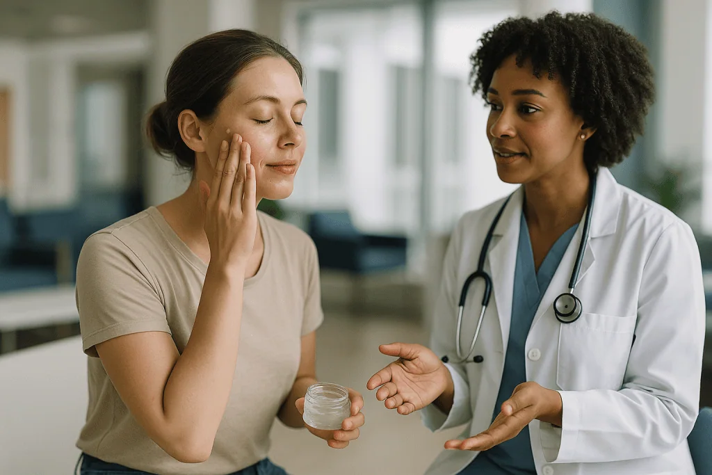 Doctor consulting patient about skincare product jar: What changed recently to make slugging trend again