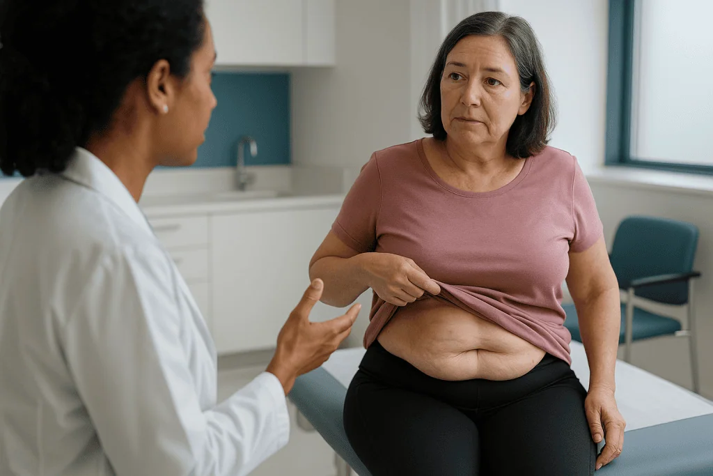 Doctor examining patient abdomen for loose skin: What changed recently to make this a talking point