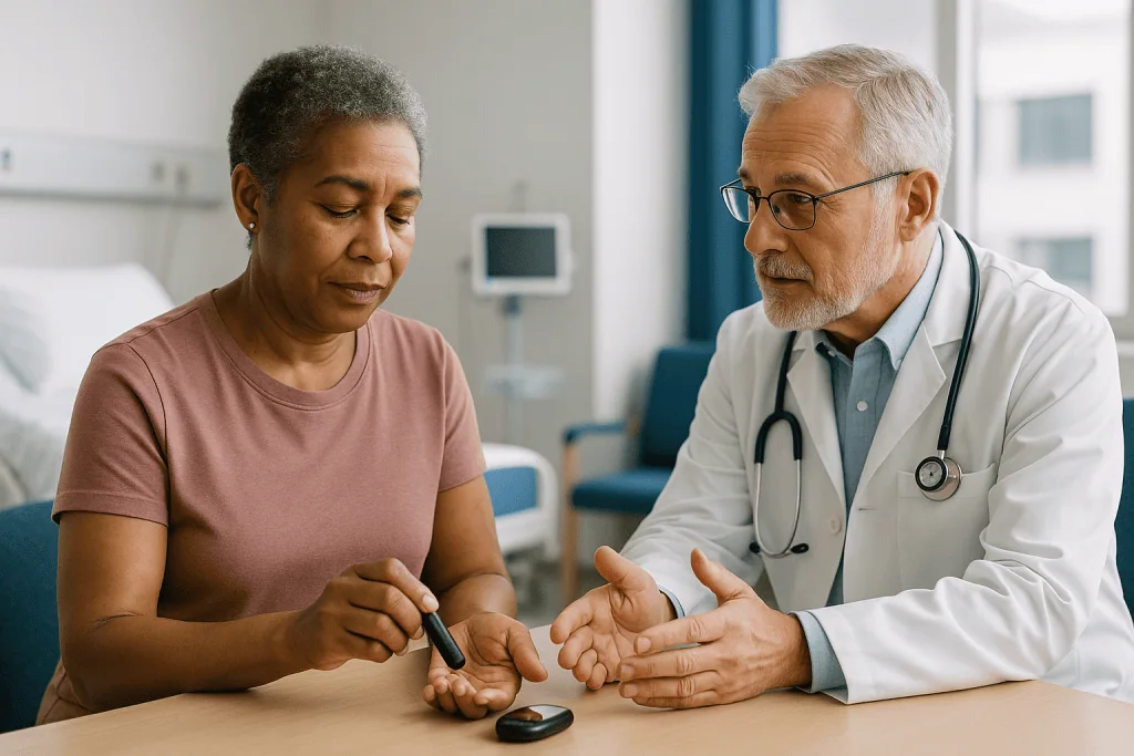 Doctor consulting patient with glucose meter: What changed recently to make this trend now?