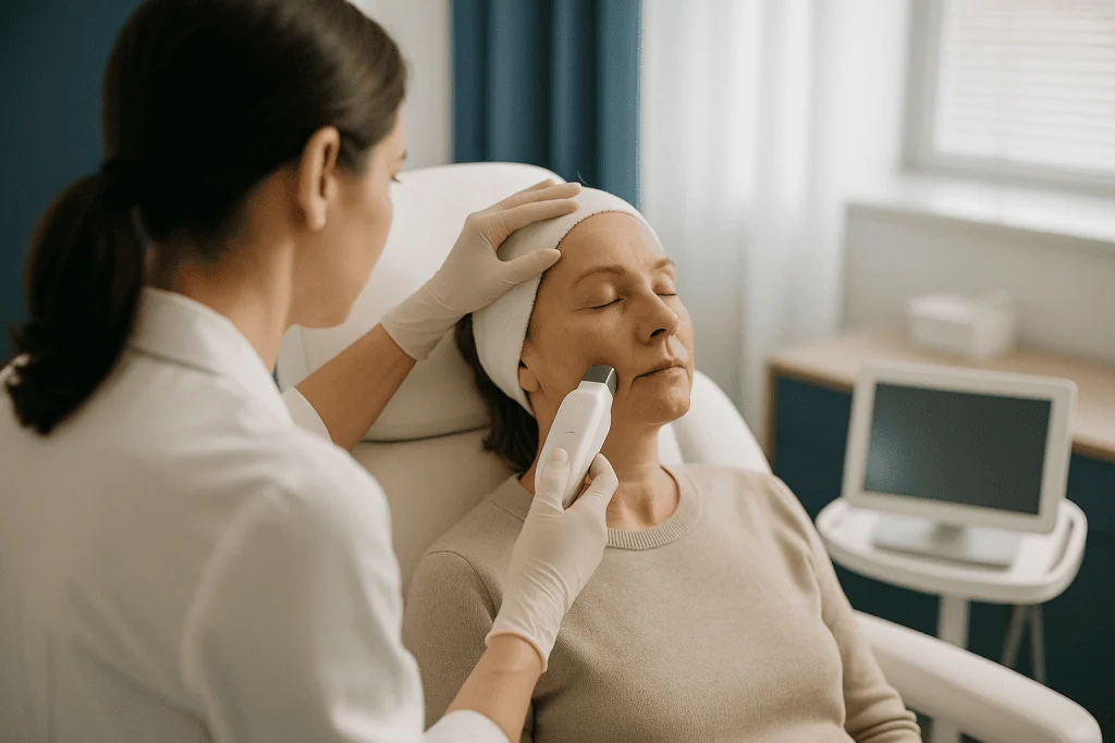 Dermatologist examining patient's face with ultrasound device — What changed recently to make tixel trend again?