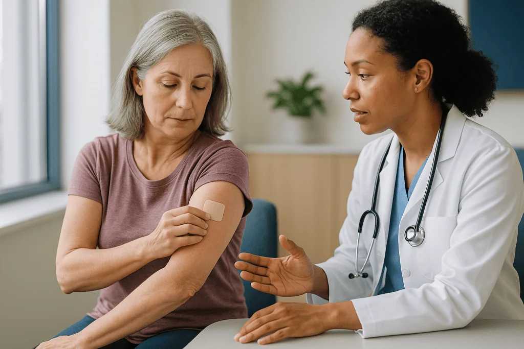 Doctor examining patient's arm with adhesive patch — What changed recently to put hrt patches back in the news
