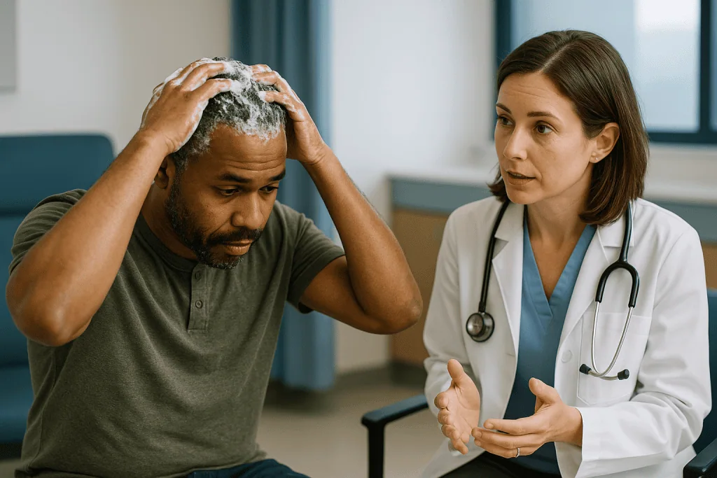 Doctor consulting patient about scalp condition, applying treatment: What changed recently to put ketoconazole shampoo back 