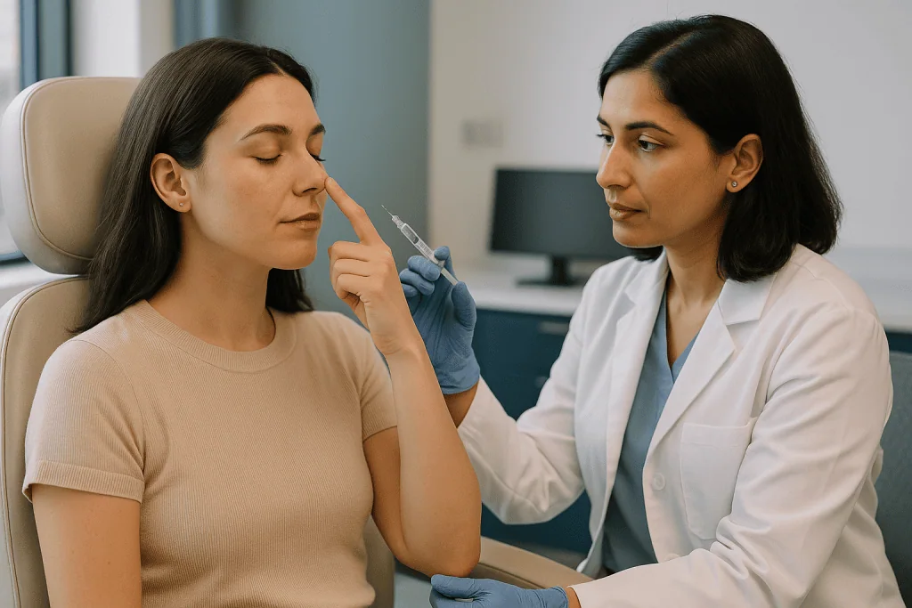 Dermatologist administering nasal filler injection to patient: What changed recently to put nose filler in the headlines