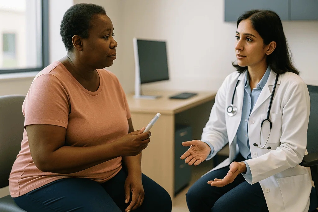 Doctor consulting with patient in clinic office: What changed recently to put peptides for weight loss in the headlines