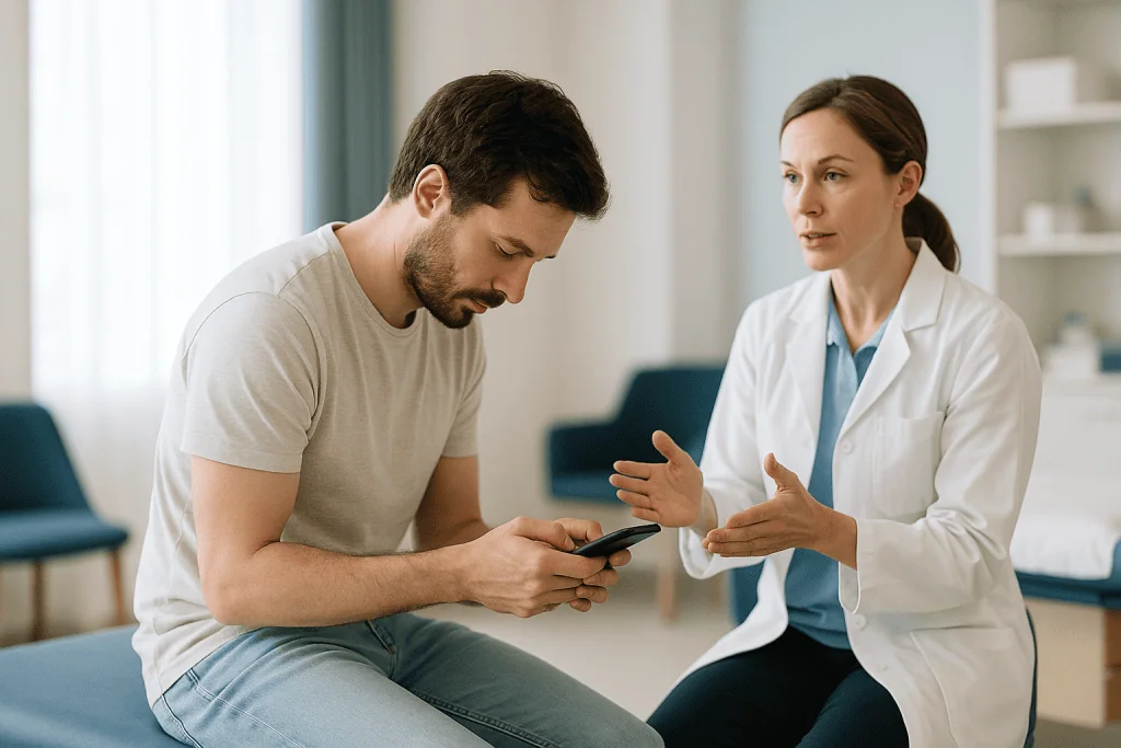 Doctor consulting with male patient holding smartphone — What changed recently to put tech neck back in the headlines