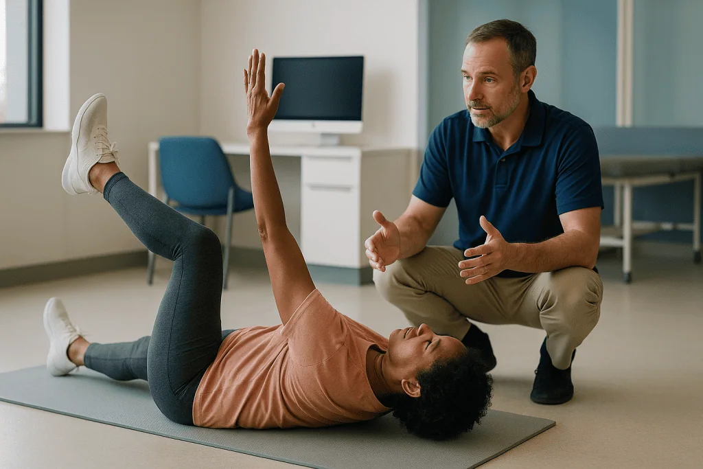 Physiotherapist instructing patient performing dead bug exercise: What changed recently to put these two exercises everywher