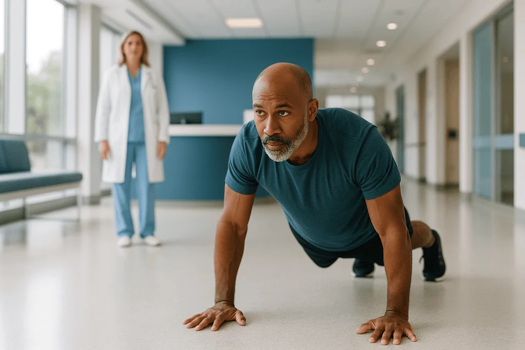 Man performing push-up exercise in hospital corridor: What changed recently: why calisthenics is trending in 2026