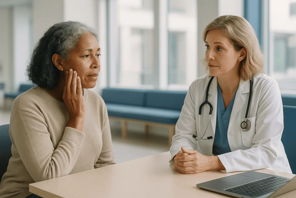 Doctor consulting with middle-aged female patient: What changed recently: why menopause face is trending now
