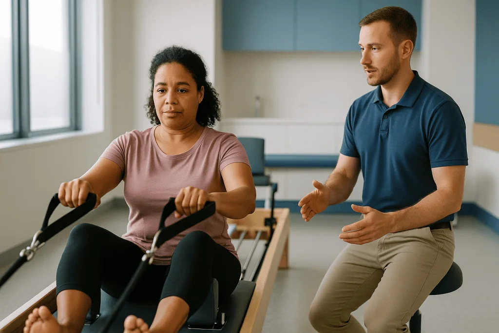 Male instructor demonstrating Pilates to woman on reformer: What changed recently: why the reformer left the physio clinic