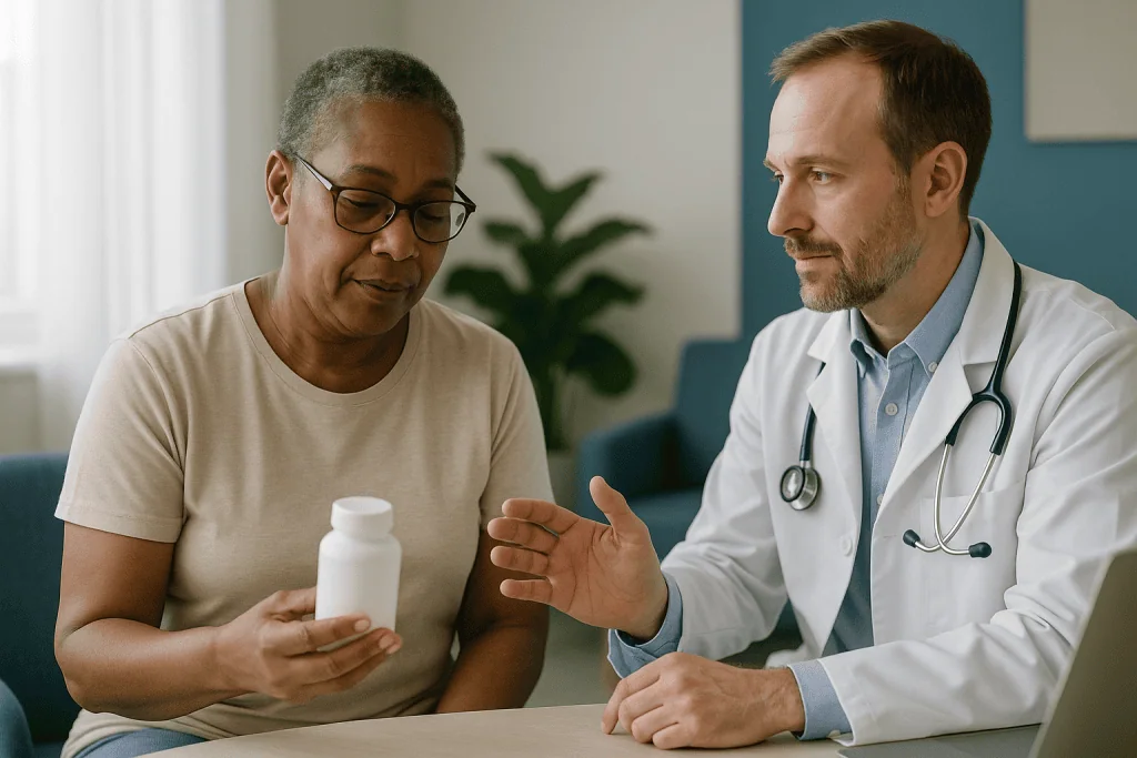 Doctor consulting patient about medication in clinical setting: What changed recently with alpha lipoic acid research