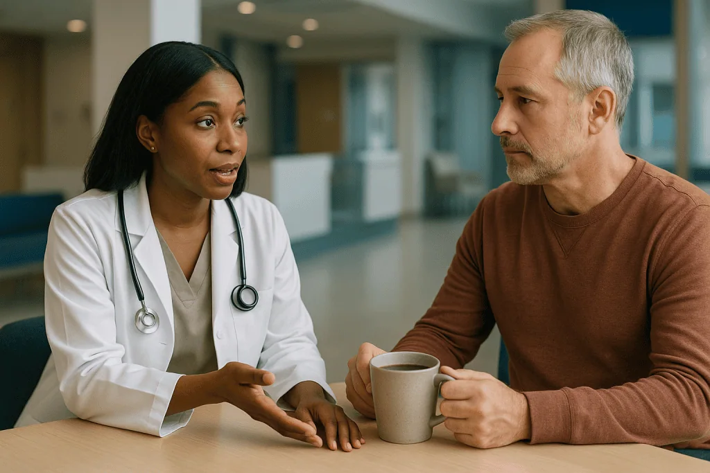 Doctor consulting patient with coffee cup: What changed recently with mushroom coffee