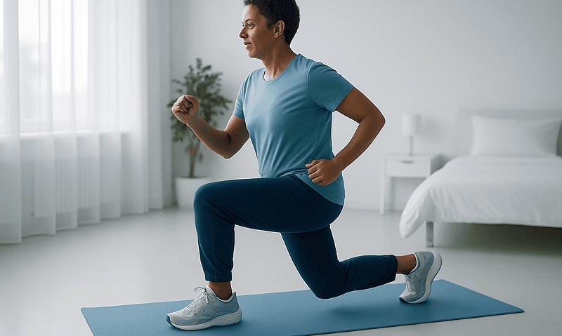Woman doing lunges for arm and leg exercise at home.