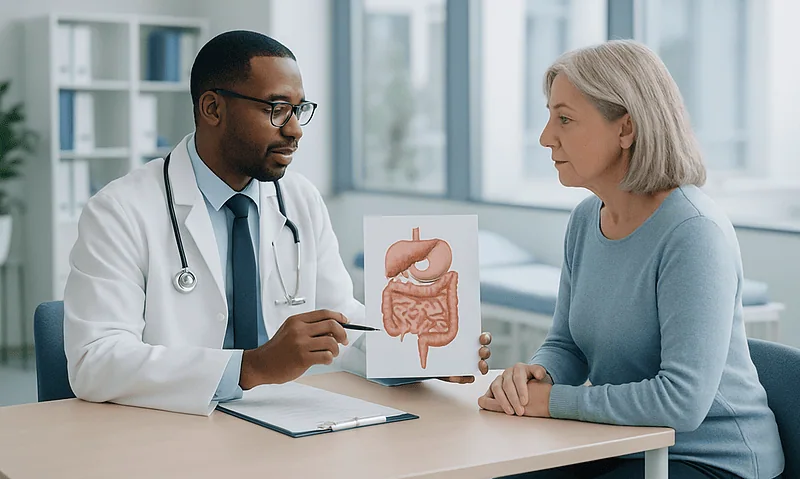 Doctor explaining digestive system to an elderly woman in a consultation room.