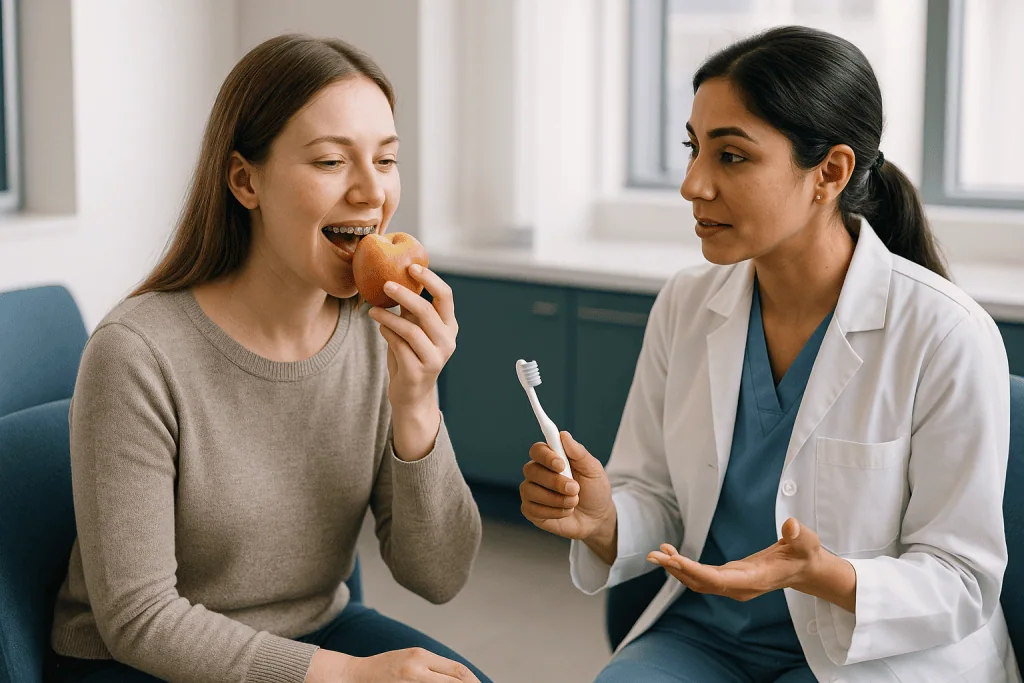 Dentist consulting with patient about oral hygiene: What changes after the teenage years