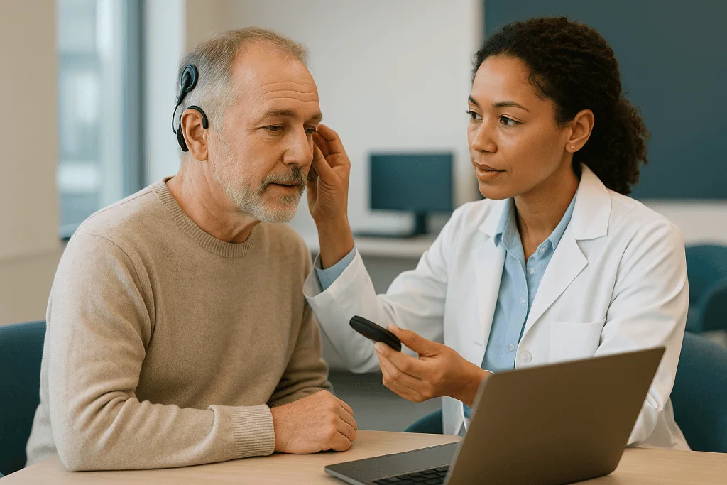 Audiologist consulting adult patient about hearing device — What cochlear implant activation day usually involves