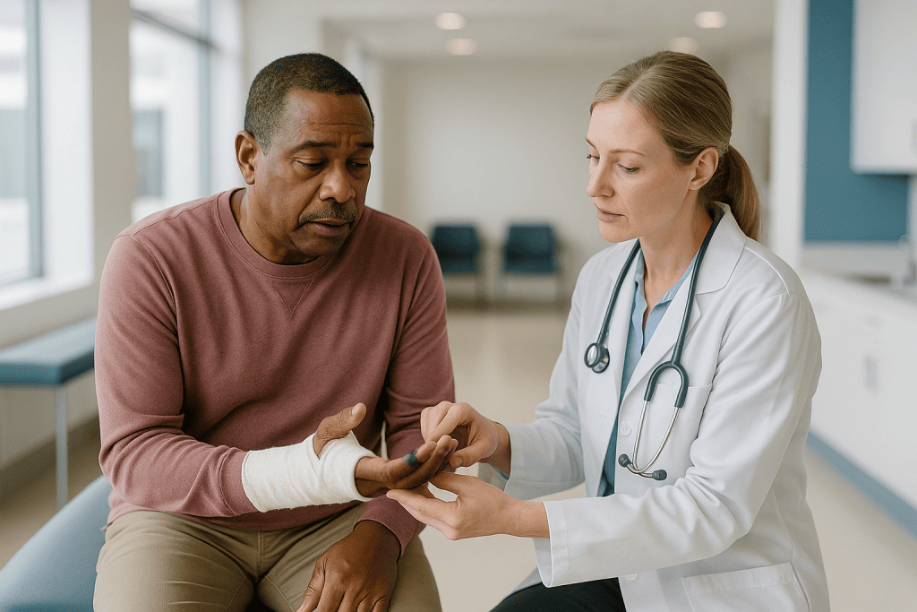Doctor examining patient's bandaged wrist and hand: What color changes in fingers or toes mean