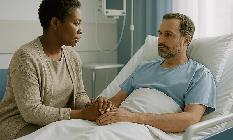 Compassionate visit in a hospital room with a patient and visitor holding hands.