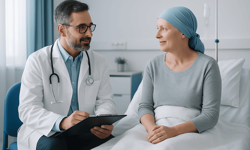 Doctor consulting with a patient in a hospital room.
