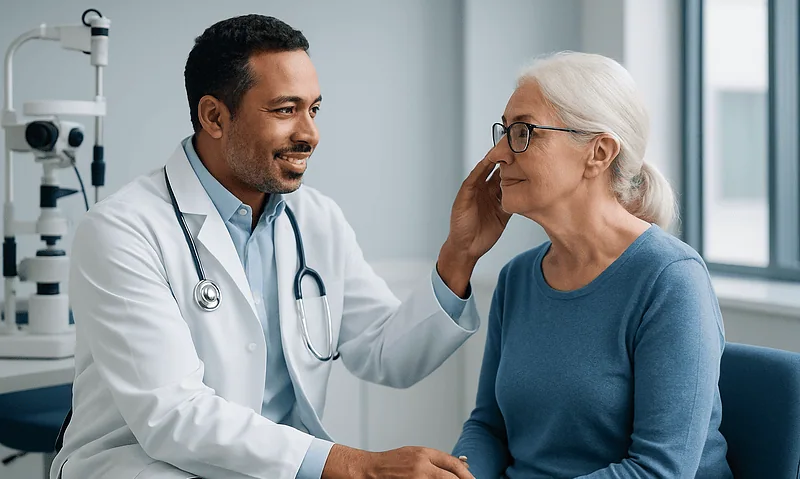 Ophthalmologist examining elderly woman's eye in clinic setting.