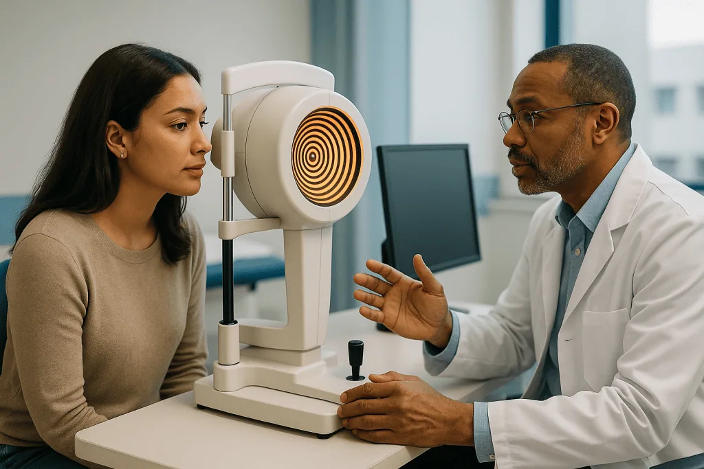 Ophthalmologist explains corneal mapping test to patient: What corneal topography before LASIK measures, and why it can chan