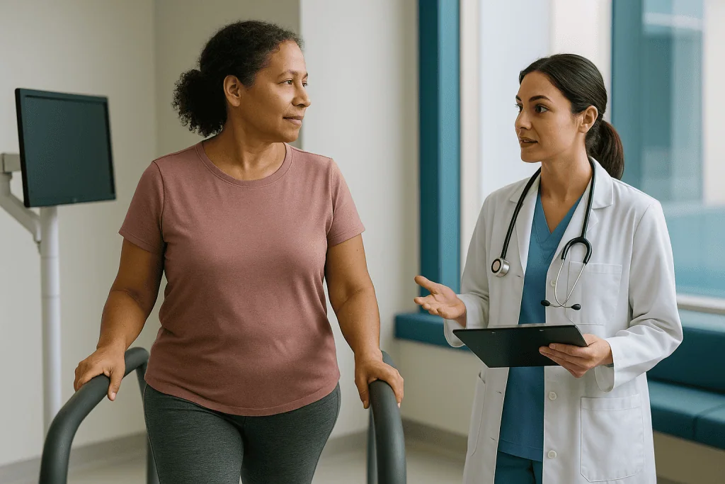 Doctor consulting with patient during treadmill exercise session: What cortisol actually does in your body every day