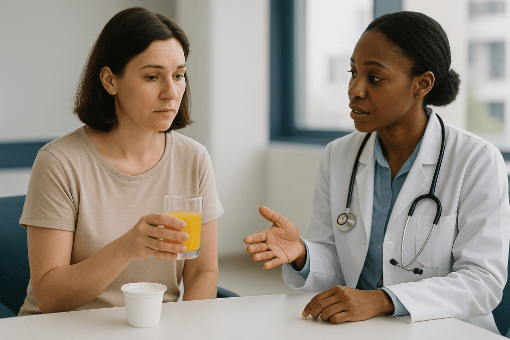Doctor consulting patient holding juice glass: What counts as a clear fluid, and what quietly breaks a fast