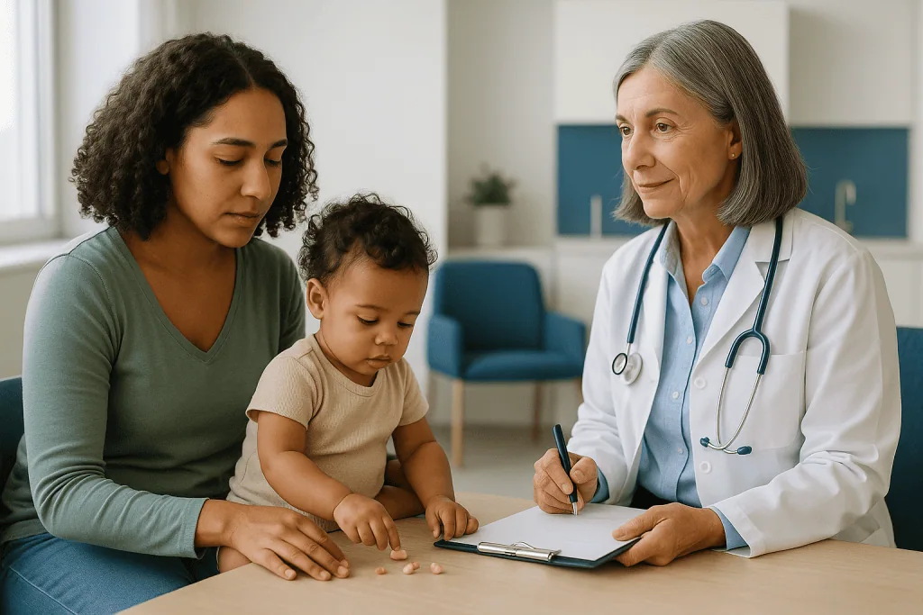 Pediatrician consulting with mother and toddler at desk: What counts as a developmental delay, and what global developmental