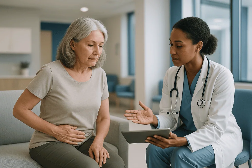 Female doctor consulting older woman about abdominal symptoms: What counts as a recurrent UTI, and what does not?