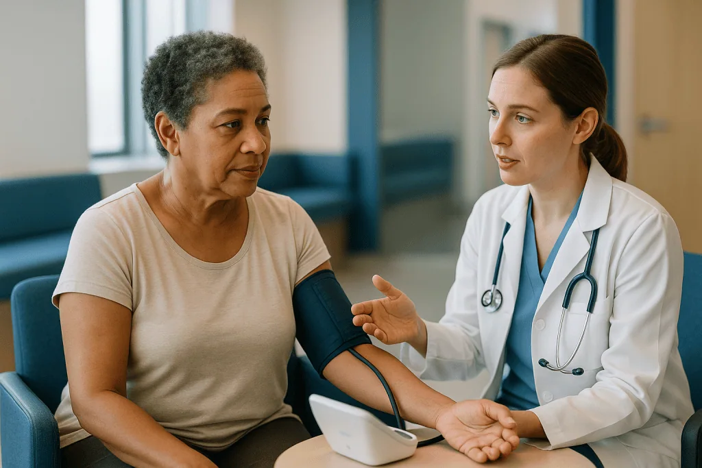 Doctor measuring patient's blood pressure during consultation — What counts as normal blood pressure right now?