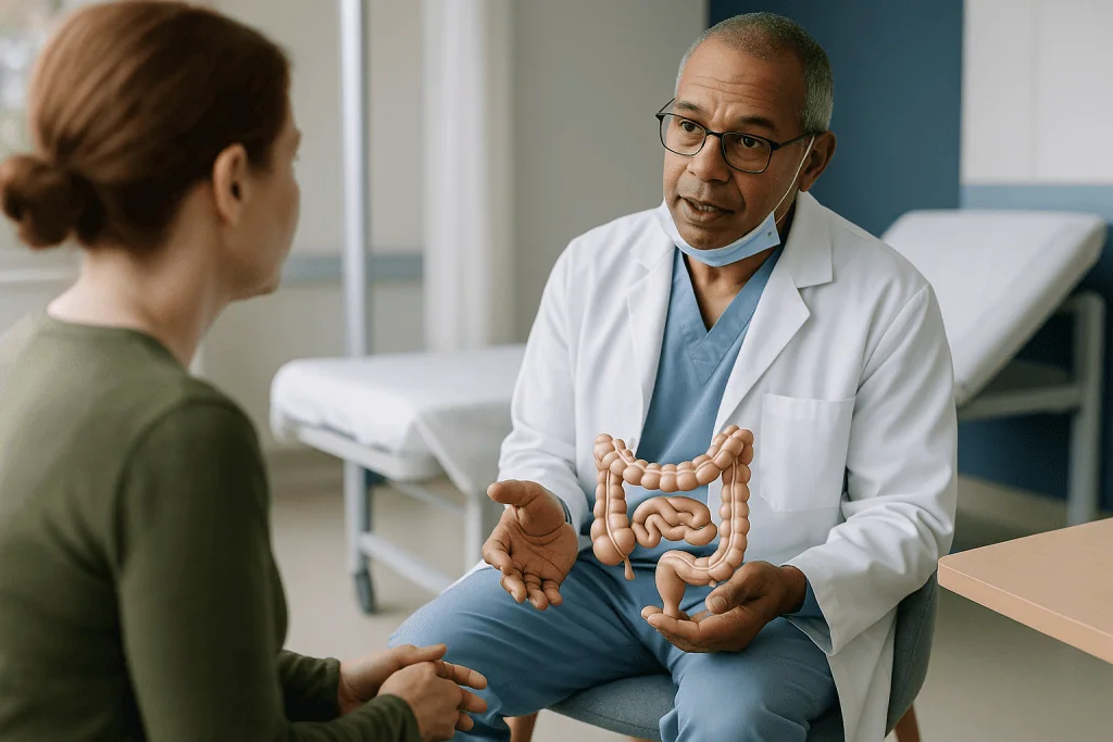 Doctor consulting patient about digestive system using model: What Crohn's surgery actually involves, in plain language