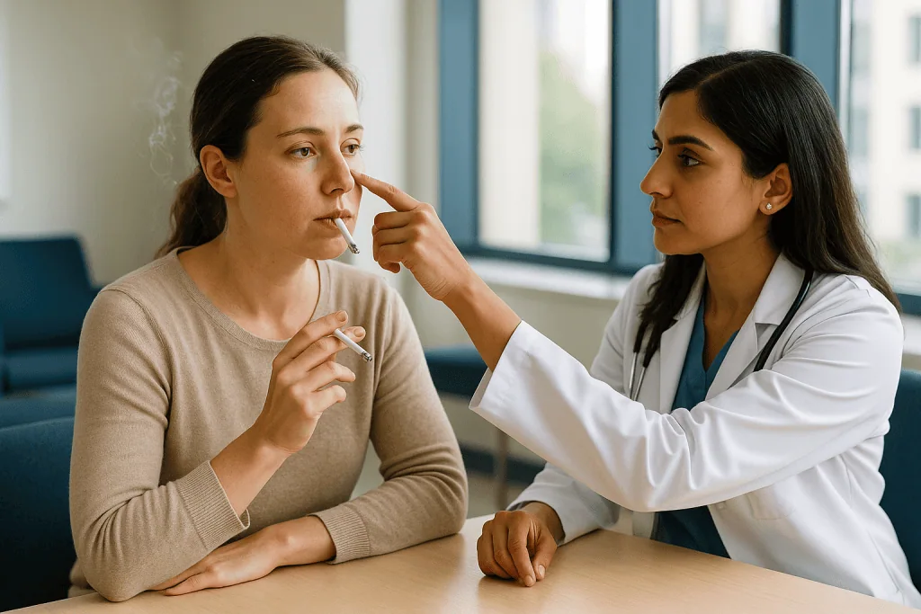 Doctor examining patient's face during consultation: What decides how long nose filler lasts for you