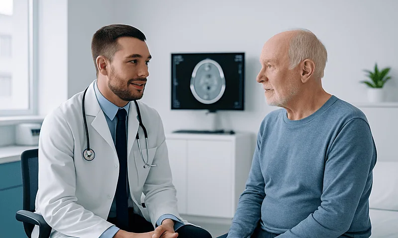 Doctor consulting with elderly patient in a medical office.