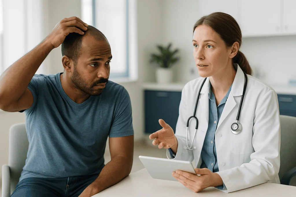 Doctor consulting with male patient about health concern: What DHT is, and why the creatine DHT hair loss idea sounded plaus