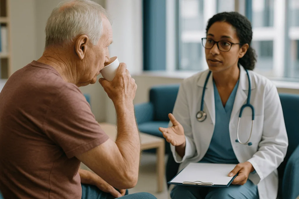 Doctor consulting with elderly male patient in clinic: What disqualifies you from a stem cell transplant?