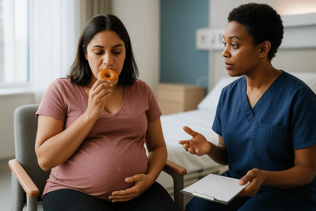 Pregnant woman consulting with healthcare provider in clinical setting: What disqualifies you from a water birth? The situat