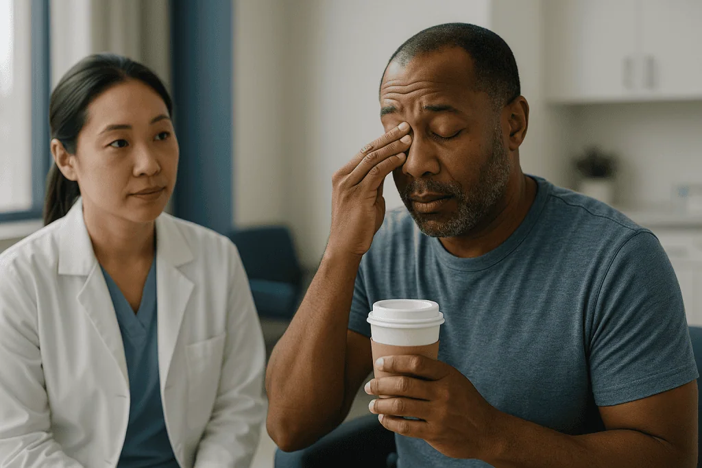 Man with eye discomfort consulting with female healthcare provider: What disqualifies you from PRK?