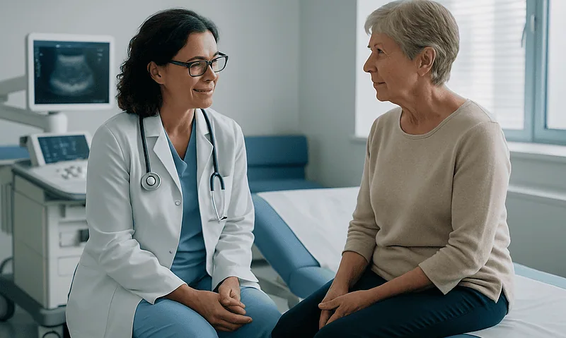 Doctor consulting with an elderly female patient in a medical office.