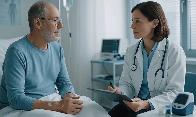 Doctor consulting with an elderly male patient in hospital room.